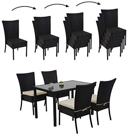 Mendler Poly-Rattan Garnitur HWC-G19, Sitzgruppe Balkon-/Lounge-Set, 4xStuhl+Tisch 120x75cm - schwarz, Kissen Creme
