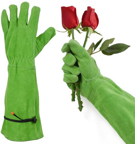 Professionelle dornsichere Gartenhandschuhe für Frauen, Rosenschnitt und Kaktusbesatz, lange Ärmel, robuste Damen-Gartenhandschuhe, Rindsleder (Medium, Grün)