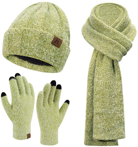 Damen Winter Warm Beanie Mütze Touchscreen Handschuhe und Lang Schal Set mit Fleece Gefütterte, Thermo Wintermütze Strickmütze Schals Winterhandschuhe Strickhandschuhe Frauen Geschenk, Grün