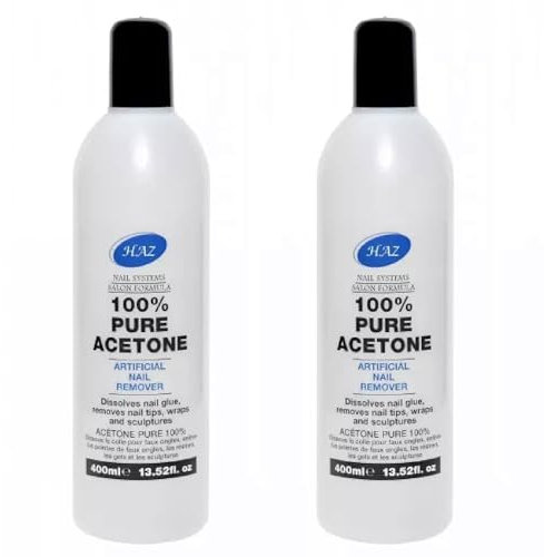 HAZ 100% Pure Acetone, Nail Polish Remover, UV/LED Gel Soak Off, Removes Gel Polish, Acrylics, Nail Tip & Glue, Fibreglass Extensions, Salon Professional Super Strength Formula (400ml - 2 Pack)