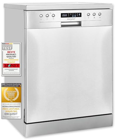 Exquisit GSP9414-030D Inox Geschirrspüler - Freistehende Spülmaschine 60 cm | Unterbaufähig für 14 Maßgedecke, InnoWash System, AquaStop, LED-Display mit Restzeitanzeige, 44 dB Betriebsgeräusch
