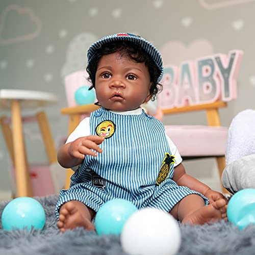 yuela 60CM Riesige Baby Lebensgröße Kleinkind Junge Gewichtete wiedergeborene Babypuppe Handgemachte Schwarze Haut Afroamerikaner Baby Handrooted Haar