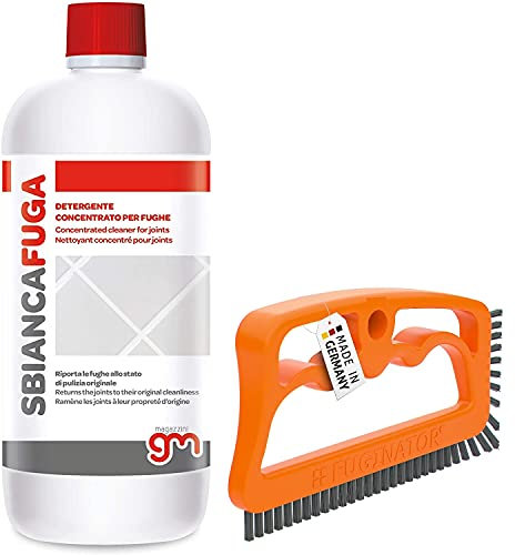 Magazzini GM SBIANCAFUGA, Detergente concentrato ideale per la pulizia delle fughe di pavimenti e rivestimenti, 1 Lt + Fuginator, Spazzola Per Fughe (Arancio Grigio)