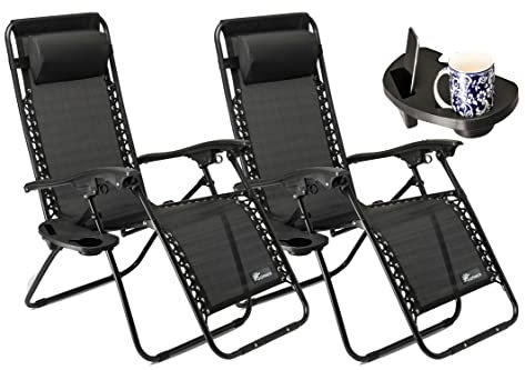 SUNMER Set of 2 Sun Lounger Garden Chairs With Cup And Phone Holder - Deck Folding Recliner Zero Gravity Outdoor Chair - Black/Black