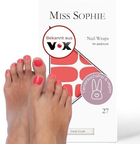 Original Miss Sophie Pedi Wraps I Coral Crush Pedicure I 27 ultra-dünne Nagellack-Streifen einfarbig in Coral I Für Fußnägel I Hält auf Natur- sowie lackierten, Acryl-, Gel- & Shellac-Nägeln