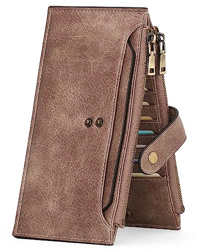 GOIACII - Portefeuille long pour femme avec fermeture éclair et blocage RFID pour cartes de crédit, rose poudré, Vintage