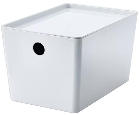KUGGIS Box With Lid Small Storage Organizer Basket Bin Home Office Organizer Durable Plastic White 18x26x15 cm + Free TSA Shoe Bag