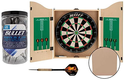 Bullet Dartschrank aus hellem Holz - Board aus Borsten-Sisal - 27x Steeldarts - mit Scoreboard im Inneren, Beige - Profi - 27x Steeldarts