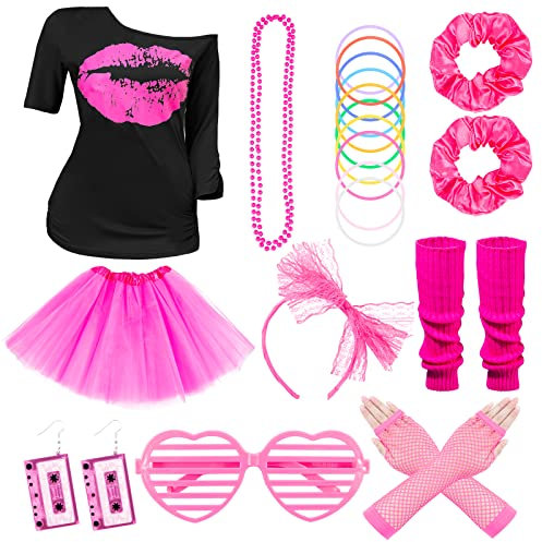 80er Jahre Outfit Damen, 10PCS 80er Jahre Kleidung Accessoires Damen Set, Neon Party Outfit, Lips Print T-Shirt Rock mit 80er Jahre Ohrringe Halskette für Geeignet für 80er Jahre Outfit Damen Party
