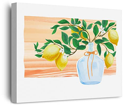 Zitronenbaumzweig in einer Vase, Leinwand, Poster, Malerei, Wandkunst, Zitronenbaum, Bild, Kunstwerk, gerahmt, fertig zum Aufhängen, für Zuhause, Küche, Wanddekoration, 30,5 x 38,1 cm