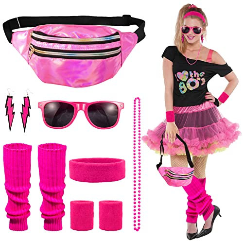 Kitimi 80S Sets1 Jahre Outfit Damen, 10Pcs 80er Jahre für Frauen, Stirnband, Beinwärmer, Armbänder, Brille und Ohrring für Neon 80 Jahre Party Outfit Damen, für 80er Jahre Outfit