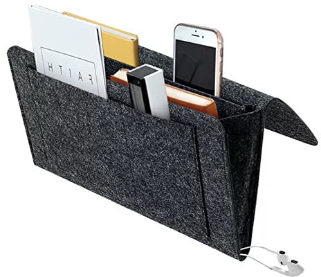 BOOWEN Tasca Portaoggetti Letto Organizer per Bracciolo Divano con 5 Tasche Feltro Borsa da Comodino per Telefono Telecomand Occhiali Tavoletta (nero)