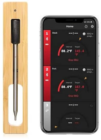 Nuvance | Thermomètre à viande sans fil | Portée supérieure à 10 mètres | Thermomètres de cuisine | Lire la valeur mesurée via l'application | Bois