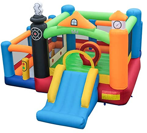 Maxmass Inflatable Bounce House, Train Themed Kids Bouncy Castle with Slide, Jumping Area, 3 Ball Pits and Basketball Hoop, Jumping Bouncer Playhouse for Indoor Outdoor Backyard