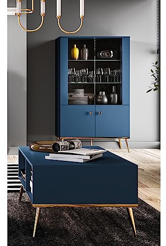 Lomadox Wohnwand Wohnzimmermöbel dunkelblau 2-teilig Modern, 1 Highboard, 1 Couchtisch inkl. LED-Beleuchtung