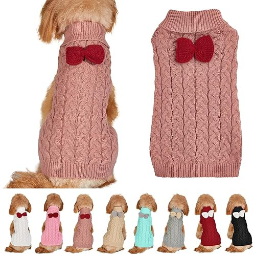 Hundepullover Weste Hund Rollkragenpullover Schleife Stricken Kleine Hundepullover Warme Hunde Winterkleidung Pullover Hundemantel Weihnachtskostüm für Hunde Katzen (Rose Rosa, M)