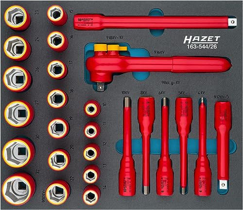 HAZET Steckschlüssel-Satz, 26-teilig 163-544/26, schutzisoliert bis 1000V, 1/2 Zoll Vierkant, Außen-Sechskant-Tractionsprofil und Innen-Sechskant-Profil, mit Umschaltknarre