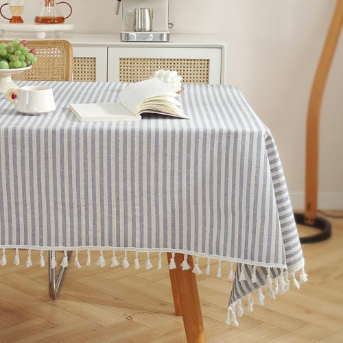 meioro Gestreifte Tischdecke Rechteckige Tischtücher Quasten-Tischdecke Abwaschbare Tischdecke Dekorative Stofftischdecke für Küche und Esszimmer(Blaue/Weiße Streifen,153x305cm)