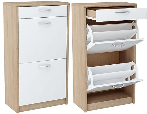 Meble Bestseller Schuhschrank, Kommode K034 mit 2 Türen, 1 Schubladen (Breite 50 cm, Höhe 92 cm, Tiefe 28 cm) in Sonoma Eiche mit weißen