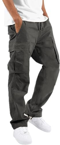 HUNGSON - Pantalones cargo para hombre, con cordón en la cintura, informales, de senderismo, atléticos, de algodón, holgados, rectos, para hombre.