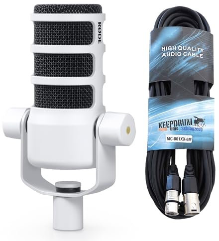 RØDE Rode Podmic Professional Podcast Microphone White + Keepdrum XLR Cable