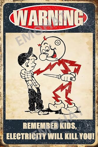 EMOHAT Warnschild Remember Kids Electricity Will Kill You, Metall-Blechschild, Vintage-Stil, Retro, Vorsicht, Sicherheit, Wanddekoration, Plaketten für Zimmer, Zuhause, Restaurant, Garage, Außen-