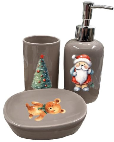 Set 3 Pezzi Accessori in Ceramica Bagno Dispenser Sapone Porta Saponetta Porta Spazzolini Personalizzati a Tema Natalizio Idea Regalo Natale 2023 Decorazioni Natalizie Addobbi casa Lavandino Organizer