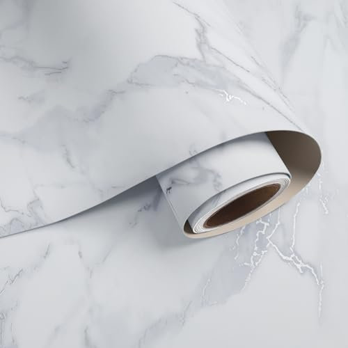 VaryPaper White Silver Marble Effect Self Adhesive Vinyl Wallpaper 40cmx200cm White Marble Vinyl Wrap for Furniture Marble Sticky Back Plastic Washable Kitchen Wallpaper Worktop Vinyl Covering Cabinet