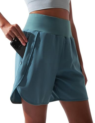 BebreezChic Running Shorts Damen Sporthose Kurz Damen Sommer Hohe Taille 2 in Sport Fitness Yoga Kurze Hose, Grau Grün, S