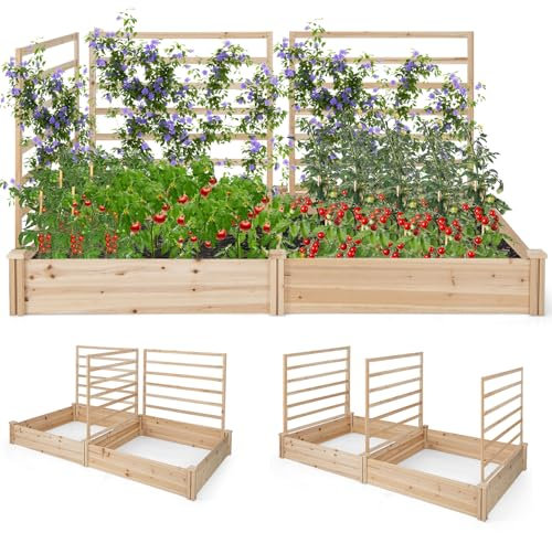 COSTWAY Jardinière avec 3 Treillis en Bois avec Base Ouverte, 2 Bacs à Fleurs Extérieur pour Plante Grimpante, Lit de Jardin Surélevée Résistance à la Pourriture(222 x 114 x 110 cm)