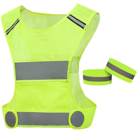 KuqitsBai Reflektierende Sicherheitsweste Set, Reflektierende Warnweste Einstellbar für Radfahren Joggen Wandern Arbeit, mit 2 Reflektorbander