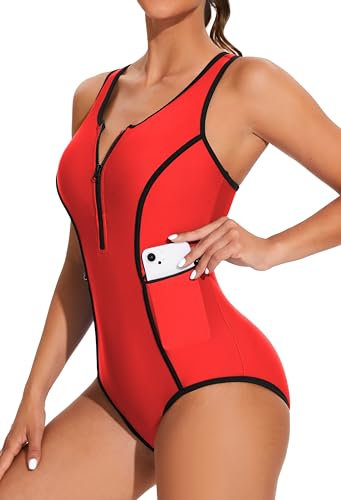 beautyin Damen-Badeanzug mit Reißverschluss, einteilig, athletischer Racerback-Badeanzug mit Taschen, Rot/Ausflug, einfarbig (Getaway Solids), S