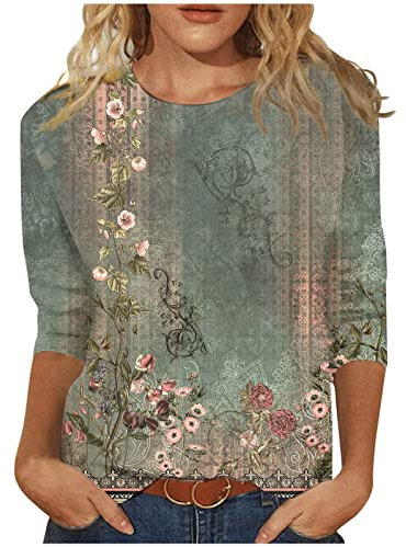 Generic Ladies T Shirts Size 14 Ladies 3/4 Length Sleeve Tops Casual Summer Round Neck Shirts Print Loose Fit Three Quarter Length Sleeve Blouses 03-Green M