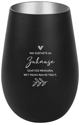Der-Porzellan-Laden Windlicht mit Gravur Das schönste an Zuhause, Schwarz Silber, Teelichthalter aus Glas mit Spruch, Tischdeko modern