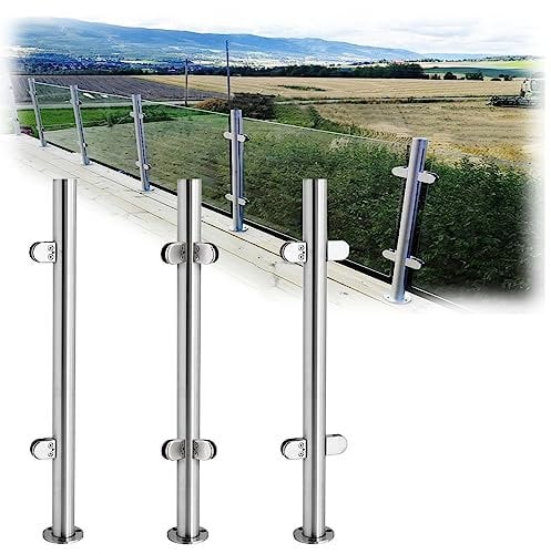 Glass Stair Railing Post System Stainless Steel 304 Staircase Handrail Balusters with Glass Clamp and Rubbers, Silver Metal Balustrade 90-110CM,fits 6-17mm Toughened Glass(Corner post 90cm/35inch, B)
