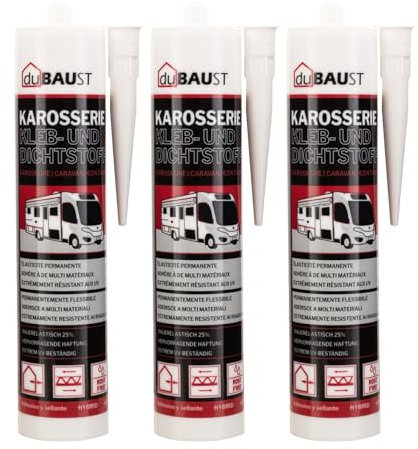 3x dubaust Karosseriekleber Montageklebstoff Dichtstoff für Auto Wohnmobil Innen + Aussen UV-resistent Haftung auf allen Untergründen Karosseriekleber Caravan Dichtmasse 290ml Kartusche weiss