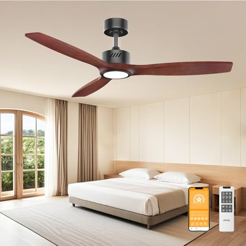 OPONL Natual 52 Solid Wood Ceiling Fan with Light, Low Profile, Remote Control, Drop Bar Mounting, Quiet Reversible, 6CCT, Dimmable, 6 Speed Calendar,