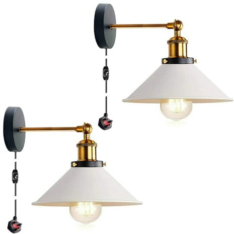 2 Pack Industrial Dimmable Wall Light Plug in Stepless Dimming Vintage Wall Lamp with Switch, Bedroom Lamps with Dimming Switch Plug, E27 Metal White Wall Sconce for Living Room Restaurant