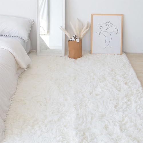 Swsen Tapis de Salon Shaggy Ultra Doux - Moelleux et Lavable - Tapis Moderne pour Chambre avec Dessous Antidérapant, 50 x 80 cm, Blanc