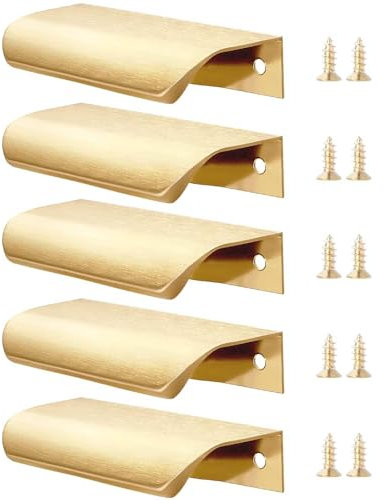 JYTDBCS 5 Pack Gold Kitchen Cupboard Handles Finger Edge Pulls for Cabinets and Drawers, 80mm Wardrobe Door Handles Modern Aluminum Bathroom Cabinet Handles, Brushed Brass