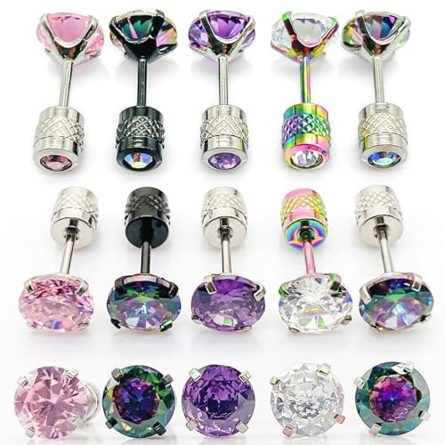 5 Pairs Titanium Earrings, Double Side Earrings for Women Men, Hypoallergenic Stud Earrings, Surgical Steel Screw Back Earrings, Rainbow 5A Cubic Zirconia Earrings Piercing Sleeper Studs 6mm