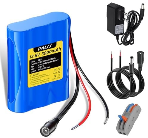 Mspalocell Batteria agli ioni di litio 12,6V 3000 mAh con caricabatterie e 2 linee di collegamento per pannello solare, radio, fotocamere, videocamere, lampada da lettura fai da te, telescopi, sonar