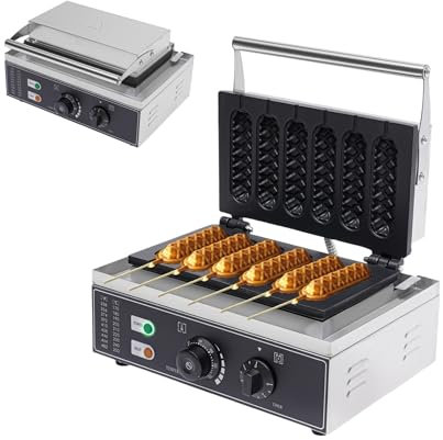 HUSPOO Machine à Gaufres en Acier Hot Dog, 1500 W Gaufrier Steel/Corn Dog, Gaufrier Pour Jusqu'à 6 Gaufres sur la Tige, Revêtement Antiadhésif, couteau de Cuisson, Argent