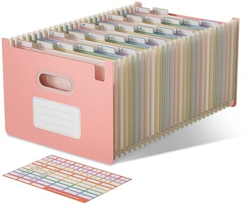 EcoStash Dokumentenmappe A4 26 Fächer, Weizenstroh Fächermappe Sortiermappe Bunte Ordner Organizer, Akkordeon Aktenmappe, Aufrecht und Oben Offen, BPA-frei, Zurück zur Natur,Gesundes Leben-Erdbeerrosa