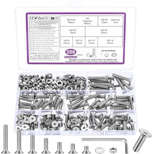 286 STK M5 Schrauben Set, M5 Senkkopfschrauben Set, Flachkopf Innensechskantschrauben Muttern Set, Maschinenschrauben mit Muttern Set, Gewindeschrauben und Muttern Sortiment mit Unterlegscheiben Set