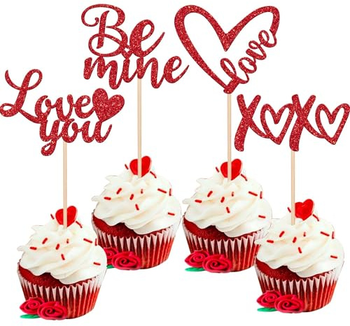 TAXTYHRE 24 Stück Valentine's Day Cupcake Toppers, Glitter Herz Cupcake Topper, Sweet Love Valentinstag Kuchen Topper, für Valentinstag Thema Hochzeit Braut Dusche Geburtstag Party
