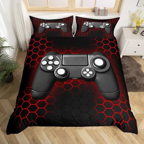 Loussiesd Bettwäsche-Set, Wabenmuster, Camer, Doppelgröße, für Kinder, Jungen, Teenager, Gaming, geometrisches Bettwäsche-Set, schwarzes Gamepad, sechseckiger Bettbezug mit 2 Kissenbezügen,