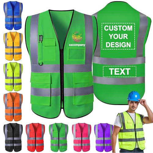Morlavid Warnweste Personalisiert mit Logo Text Sicherheitsweste mit Reißverschluss Taschen fur Bauarbeiter,Green