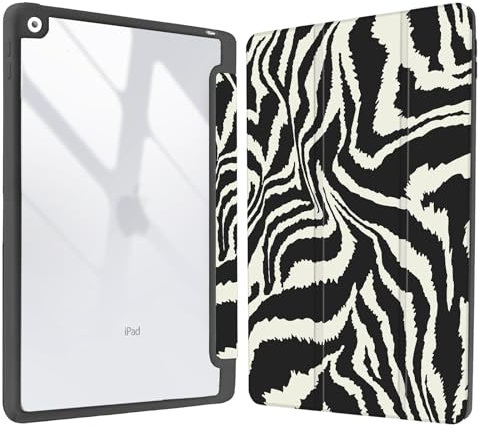 Vozehui 10.2 Zoll schwarzes Zebra Print Case für iPad 9th/8th/7th Generation Case mit klarer Rückseite Shell mit Bleistifthalter, iPad Schutzhülle mit Auto Sleep Wake für 10.2 Zoll 2021/2020/2019