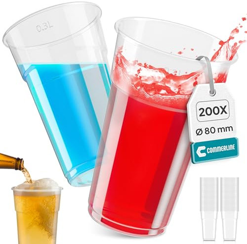 Commerline Bicchieri in plastica trasparente, 0,3 l, 200 pezzi, in plastica, per feste, in polipropilene (PP)